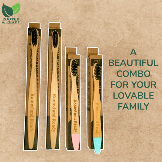 Family Eco-Pack: 4-Pack Bamboo Toothbrushes (2 Adult + 2 Kids) | Rooted & Ready