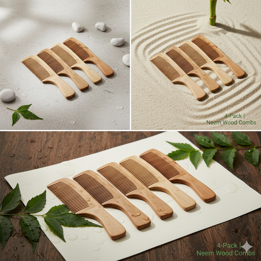 4 Pack Natural Neem Wood Combs | Anti-Dandruff & Eco-Friendly Hair Care