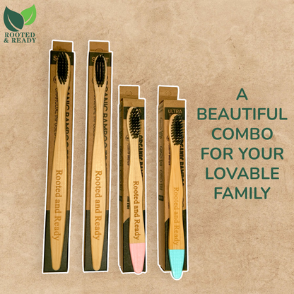 Family Eco-Pack: 4-Pack Bamboo Toothbrushes (2 Adult + 2 Kids) | Rooted & Ready