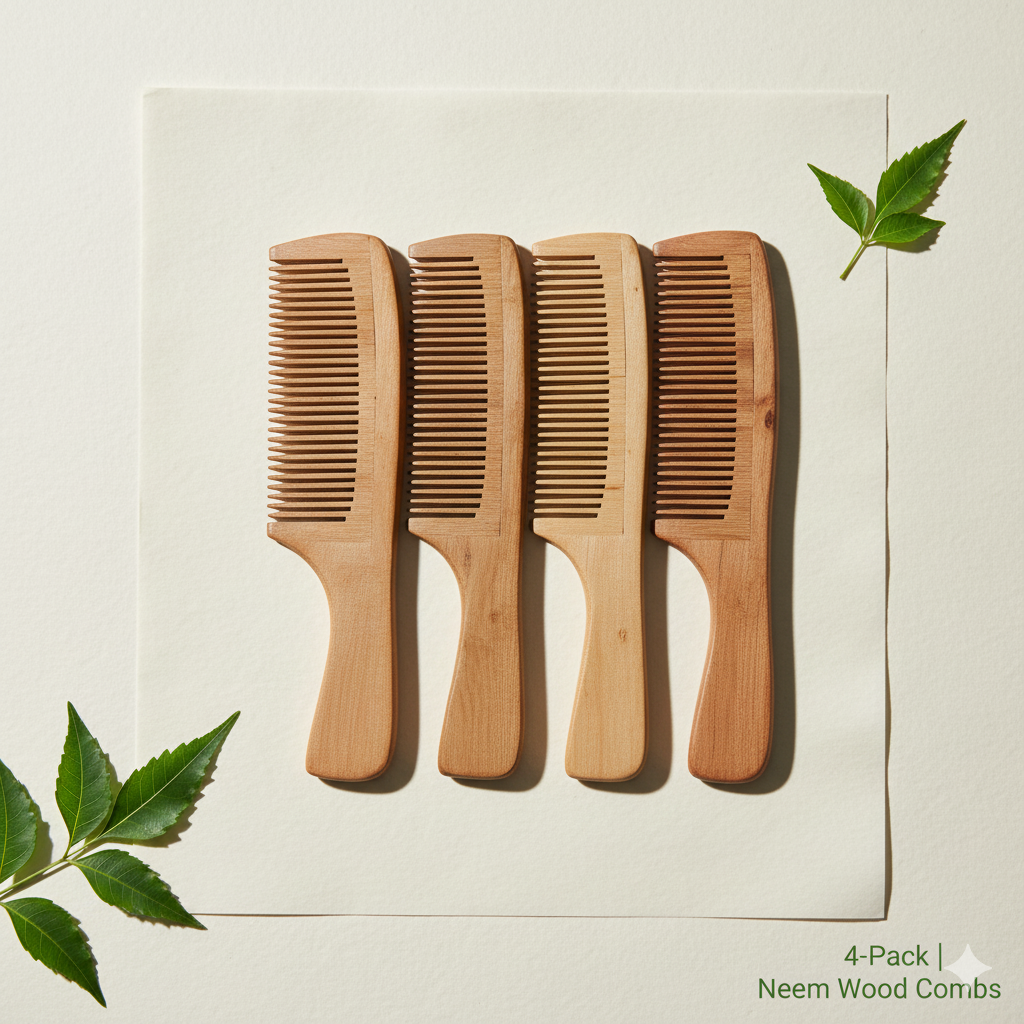 4 Pack Natural Neem Wood Combs | Anti-Dandruff & Eco-Friendly Hair Care