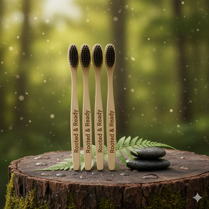 Bamboo Toothbrush - Pack of 4 | Activated Charcoal Bristles | Biodegradable, Plastic-Free | Rooted & Ready